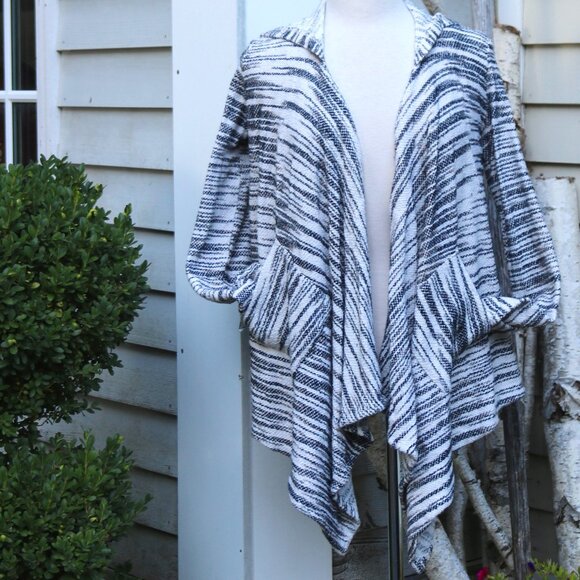 Bella Luxx White w Black Blanket Stripe Draped Waterfall Open Hooded Cardigan S - Picture 2 of 8
